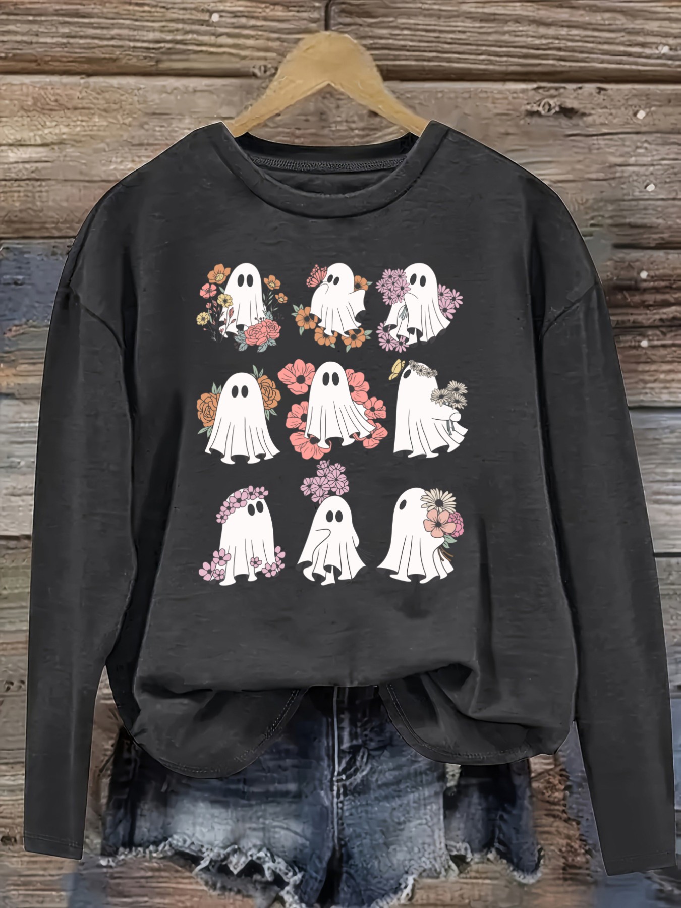 여성 캐주얼 긴소매 크루넥 티셔츠, 플로럴 고스트 패턴 - Winter Clothing Usa 리뷰 및 가격