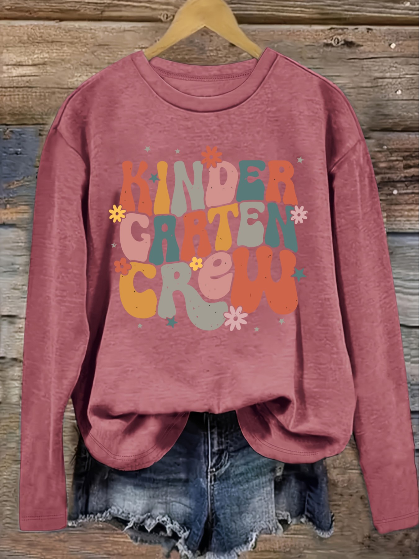 여성 캐주얼 긴소매 크루넥 티셔츠, 유치원 팀 플로럴  - Winter Clothing Usa 리뷰 및 가격